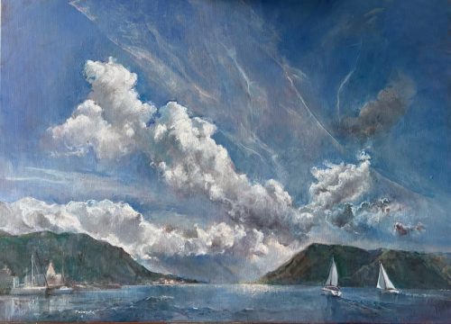 “Las palabras vienen de la Tierra, los sentimientos del Cielo”“Woorden komen van de Aarde, gevoelens van de Hemel”Óleo sobre lino / Olieverf op linnen(49x69) cm