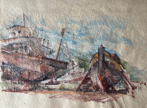 “ Diálogo taciturno” / “Zwijgzame dialoog”Acuarela sobre papel Nepalí/  Aquarel op papier uit Nepal(30x49) cm
