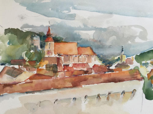 Zwarte kerk, Brasov, Roemenië ± (40×35)cm aquarel