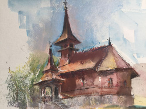 Houten Roemeens kerkje ± (40×39)cm pastel/aquarel